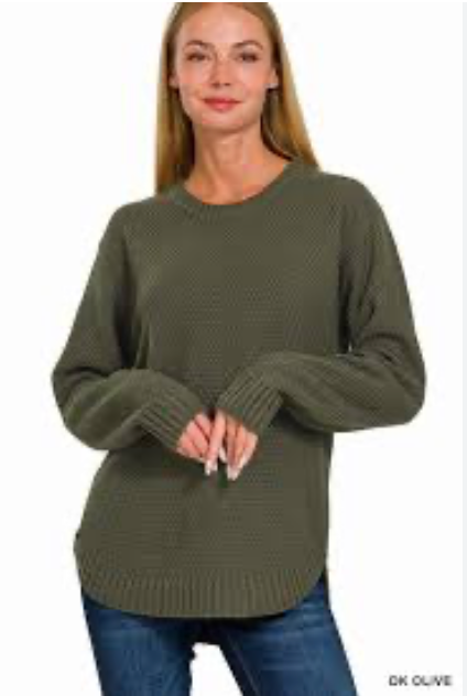 Round Neck Basic Sweater – Zenana (Olive Green) Small