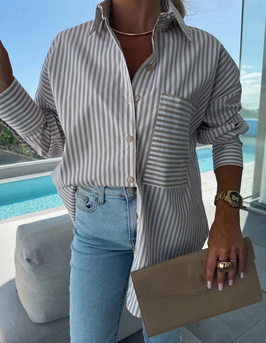 Women’s Striped Button Down Blouse - Khaki