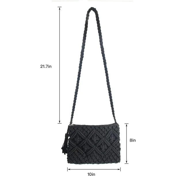 Cotton Macrame Purse Bag | Hand-Woven Knitted Crossbody Shoulder Strap Zipper | Cute Fringe Boho Coin | Black