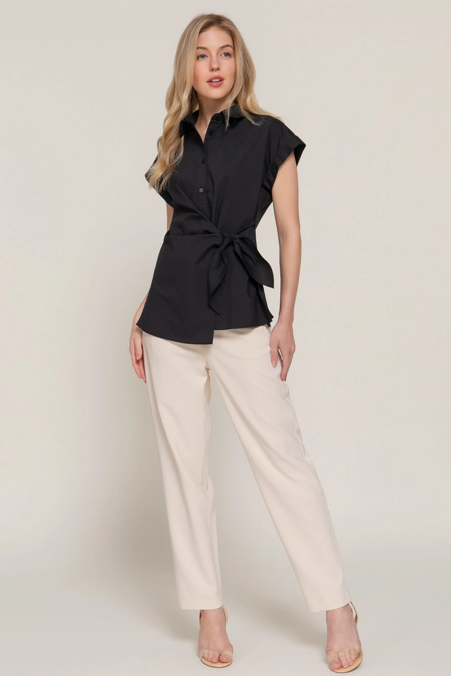 Short Dolman Sleeve Button Down Side Knot Poplin Shirt