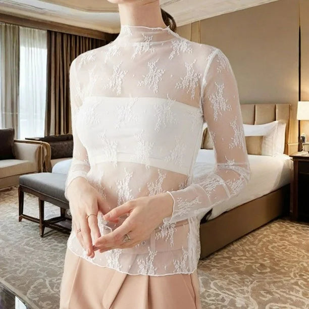 Sheer Lace High-Neck Top - White