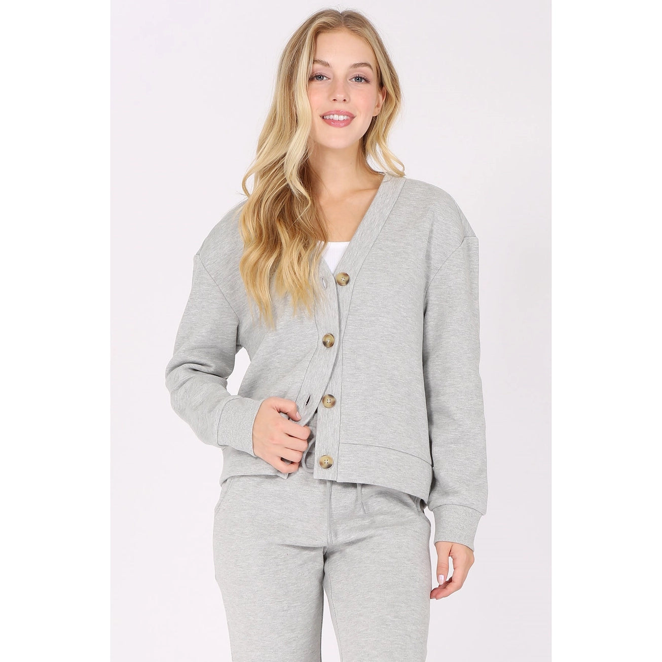 V-Neck Button Front Fleece Cardigan - Gray