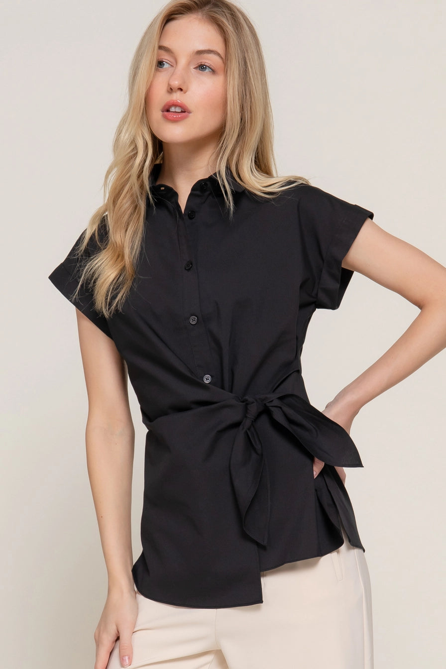 Short Dolman Sleeve Button Down Side Knot Poplin Shirt