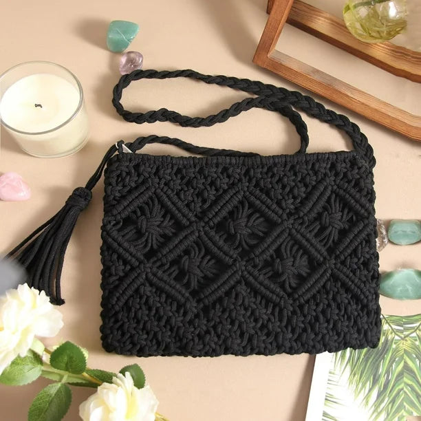 Cotton Macrame Purse Bag | Hand-Woven Knitted Crossbody Shoulder Strap Zipper | Cute Fringe Boho Coin | Black