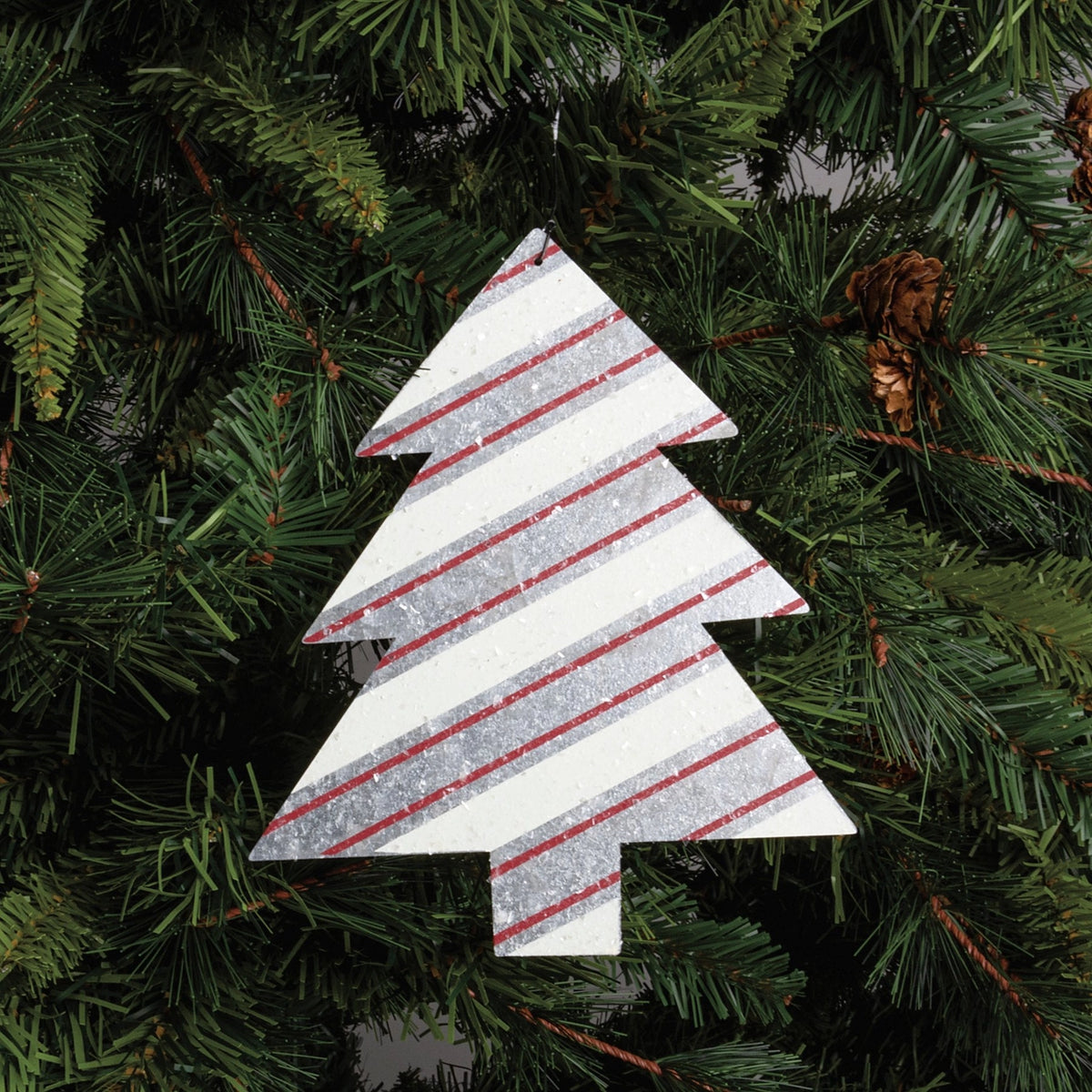 Decorated Metal Christmas Tree Ornament – Red & White Stripe