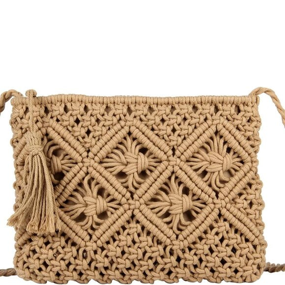 Cotton Macrame Purse Bag | Hand-Woven Knitted Crossbody Shoulder Strap Zipper | Cute Fringe Boho Coin | Light Coffee