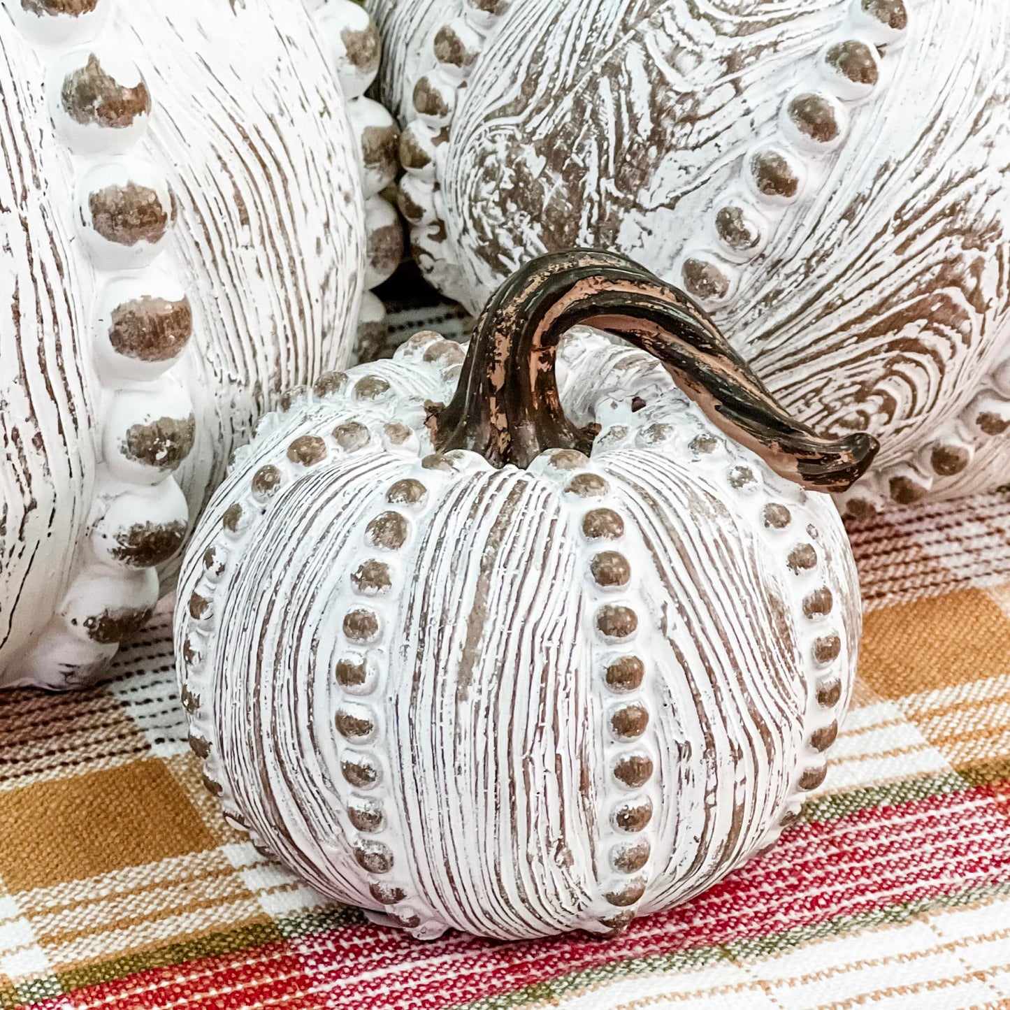 Small White & Tan Beaded Rib Resin Pumpkin