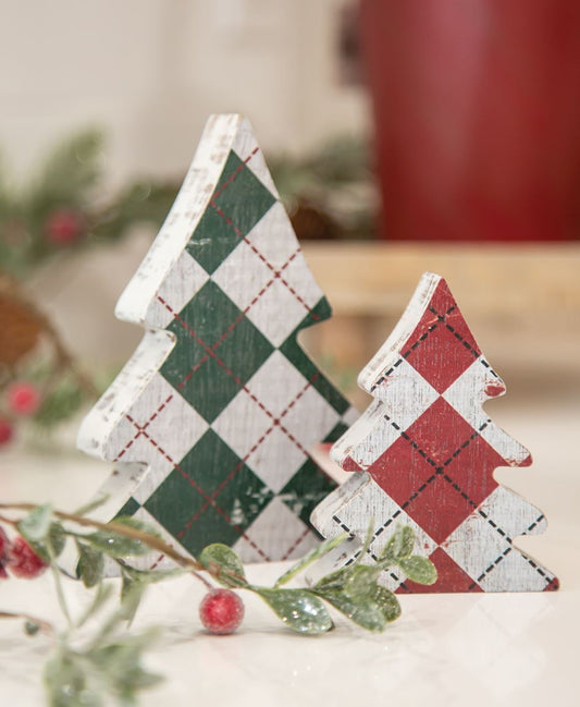 Distressed Wooden Plaid Christmas Trees, 2/Set