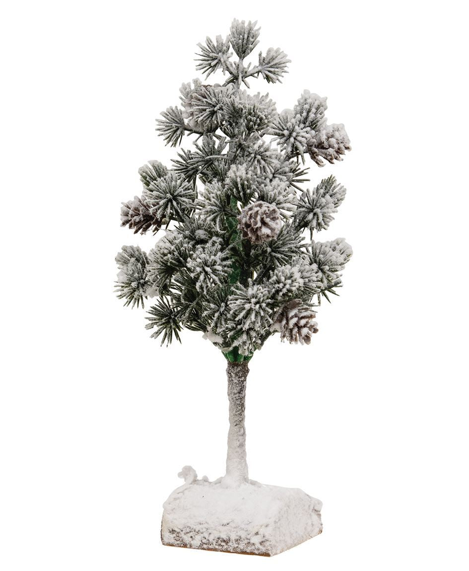 Flocked Bristle Pine Tree with Cones on Log – 9"