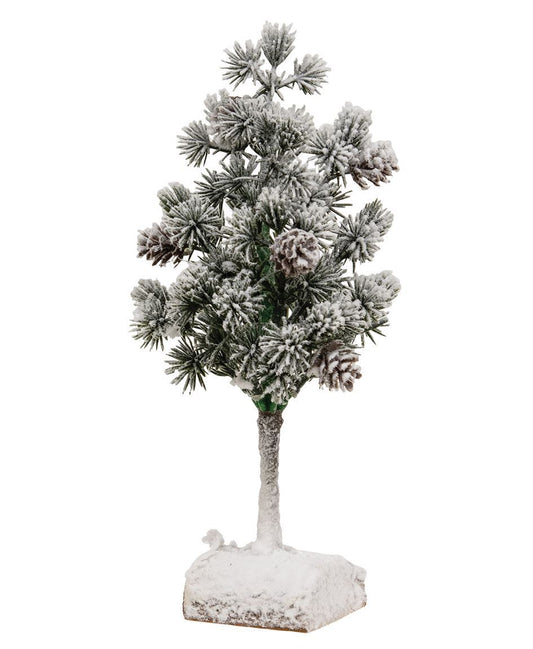 Flocked Bristle Pine Tree with Cones on Log – 9"