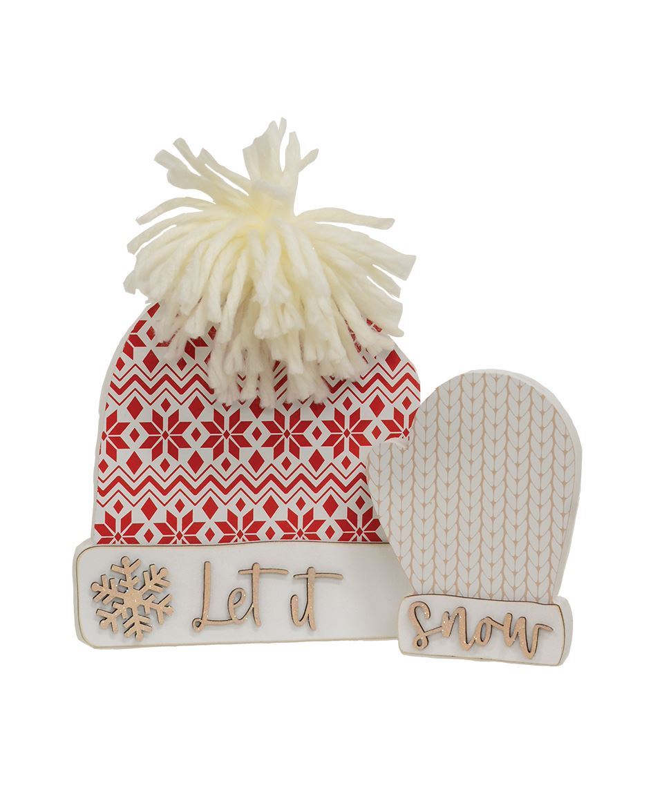 Let It Snow Wooden Hat & Mitten Sitters – Set of 2