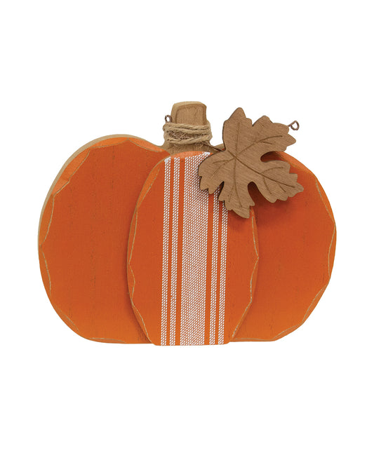 Distressed Chunky Wooden Feed Sack Stripe Pumpkin w/Leaves Sitter – Orange