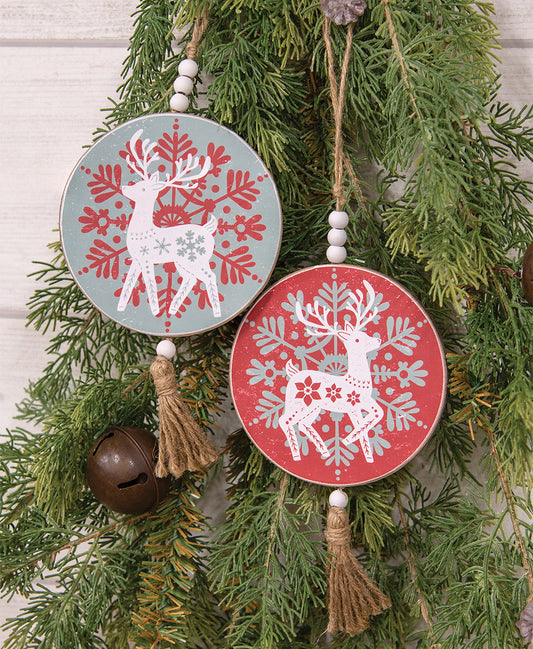 Yuletide Folklore Round Wooden Reindeer Ornament – 2 Assorted