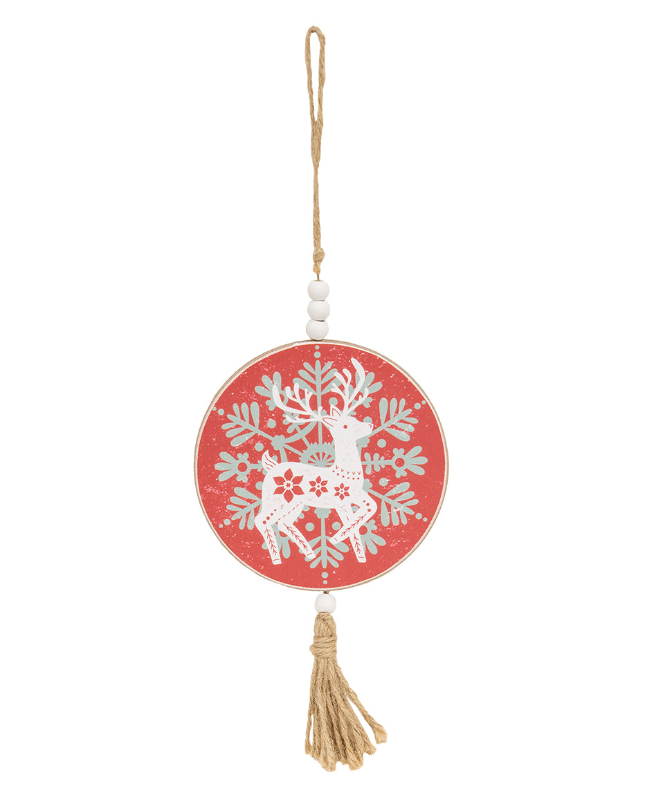Yuletide Folklore Round Wooden Reindeer Ornament – 2 Assorted