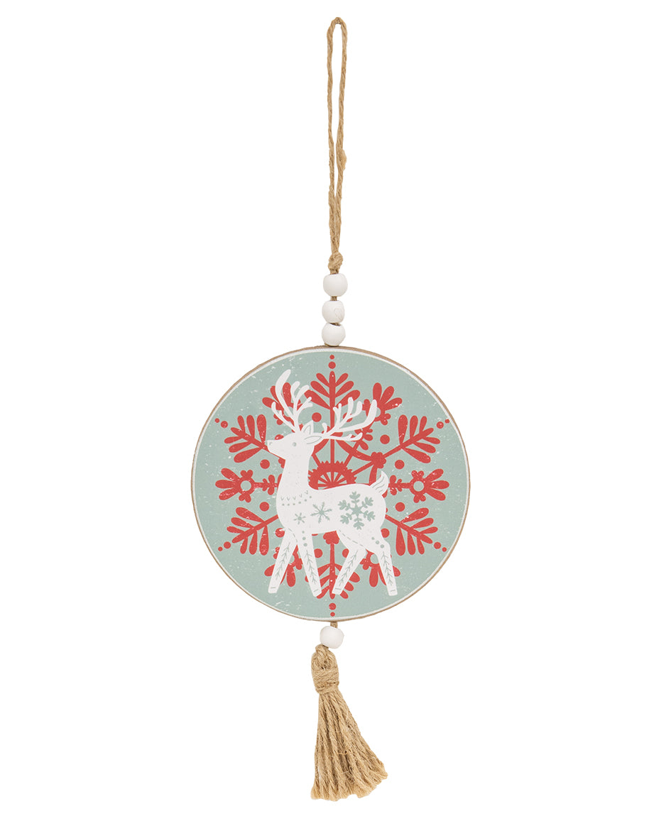 Yuletide Folklore Round Wooden Reindeer Ornament – 2 Assorted