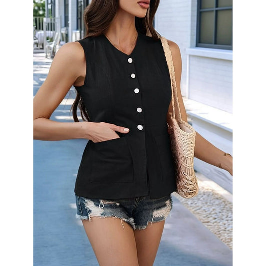 Summer Suit Vest for Women Business Casual Sleeveless Button Down V Neck Waistcoat BLACK