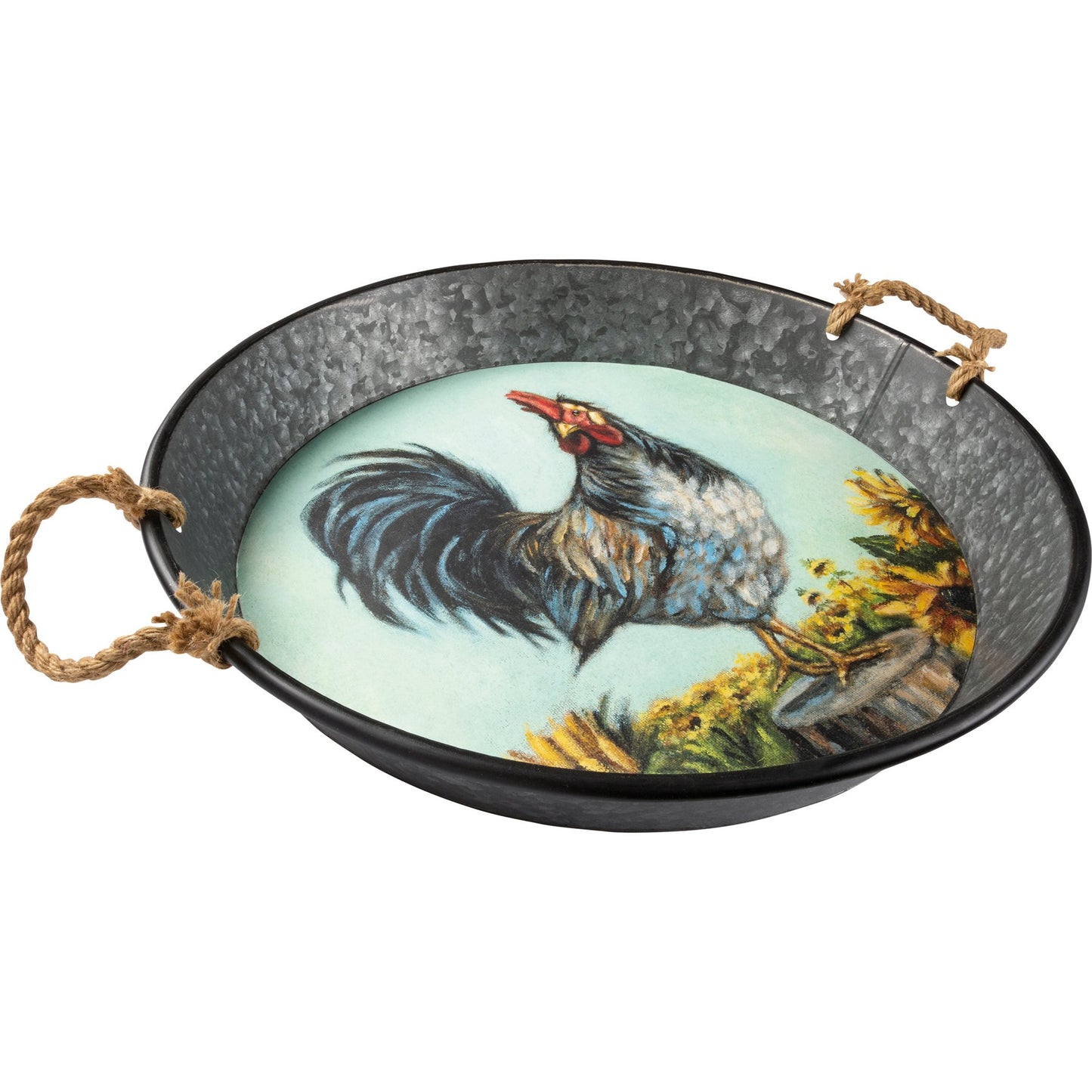 Rooster & Sunflowers Galvanized Metal Tray – Rustic Farmhouse Decor