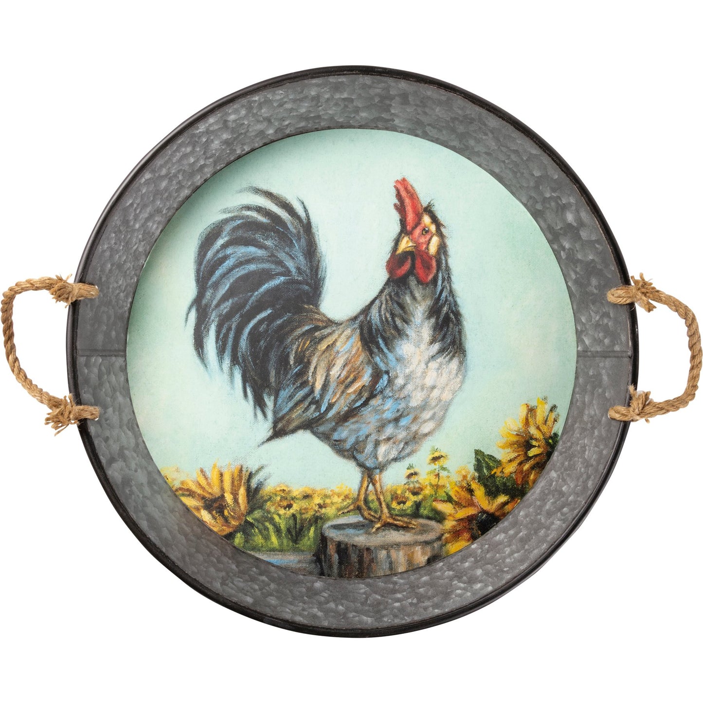 Rooster & Sunflowers Galvanized Metal Tray – Rustic Farmhouse Decor