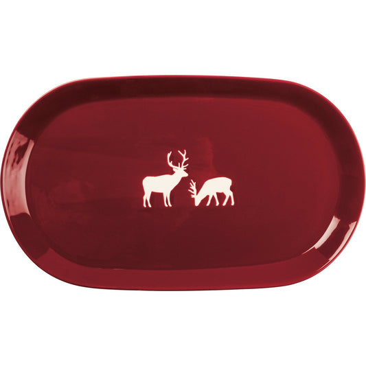 Deer Oval Platter – Red Stoneware Christmas Serving Dish