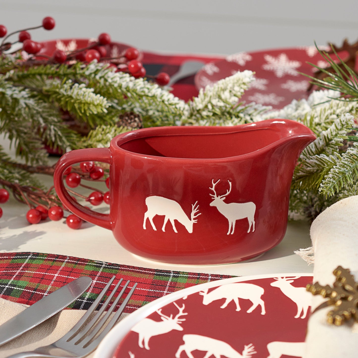 Deer Gravy Boat – Red Stoneware Christmas Tableware