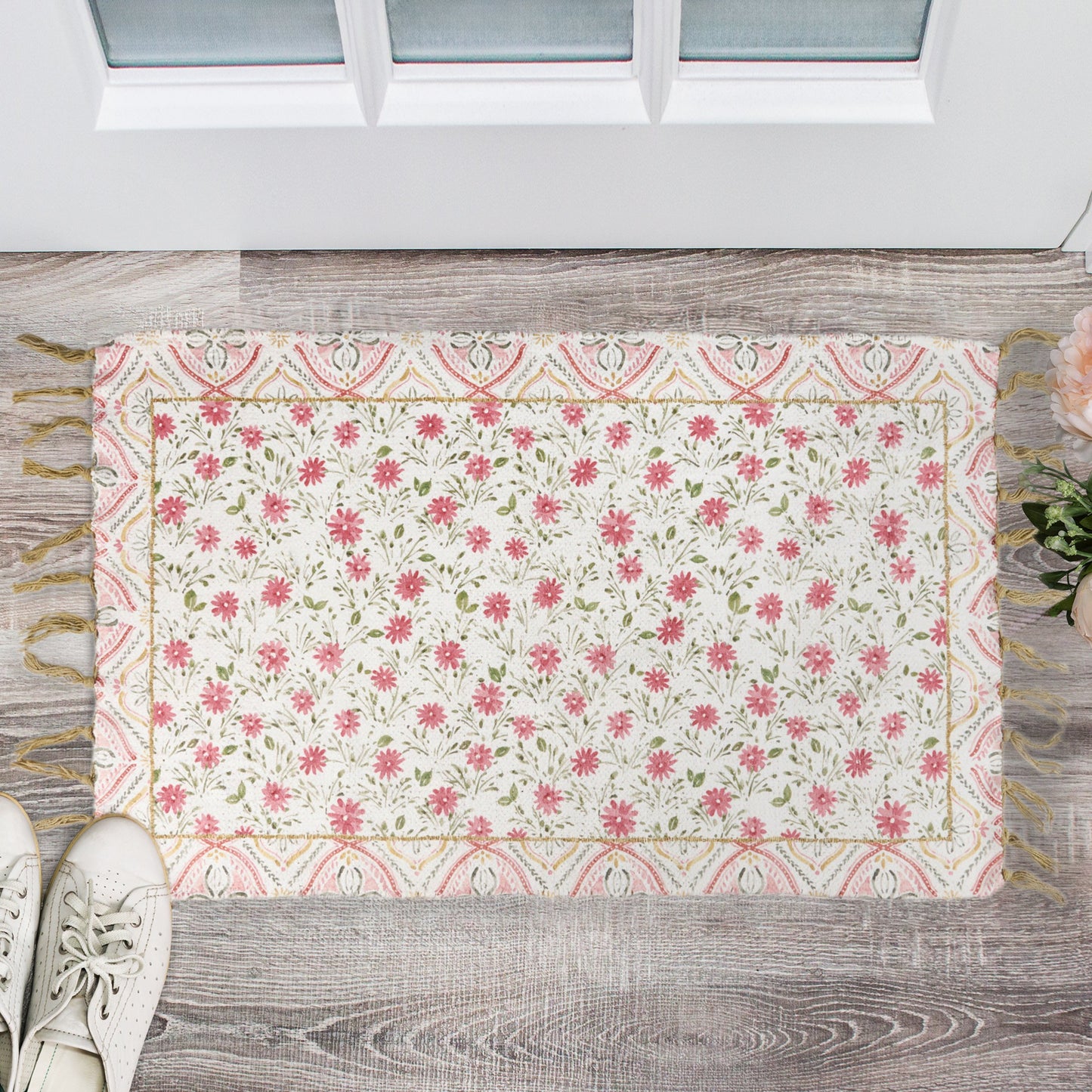 Pink Florals Cotton & Chenille Rug – Garden Collection 34" x 20" Indoor/Outdoor Accent Mat