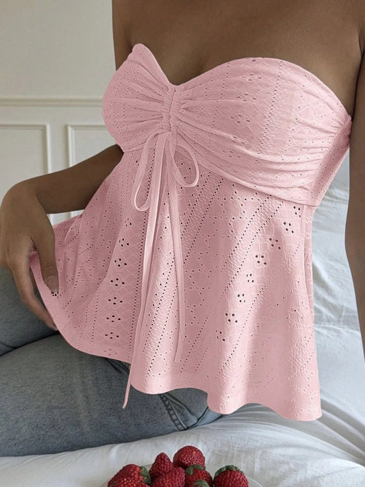 EYELET RUCHED TUBE TOP - Pink