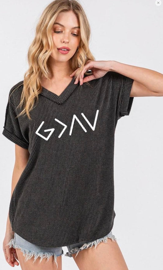 God Is Greater Than the ups and downs Ribbed v-neck top