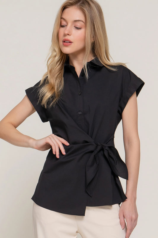 Short Dolman Sleeve Button Down Side Knot Poplin Shirt