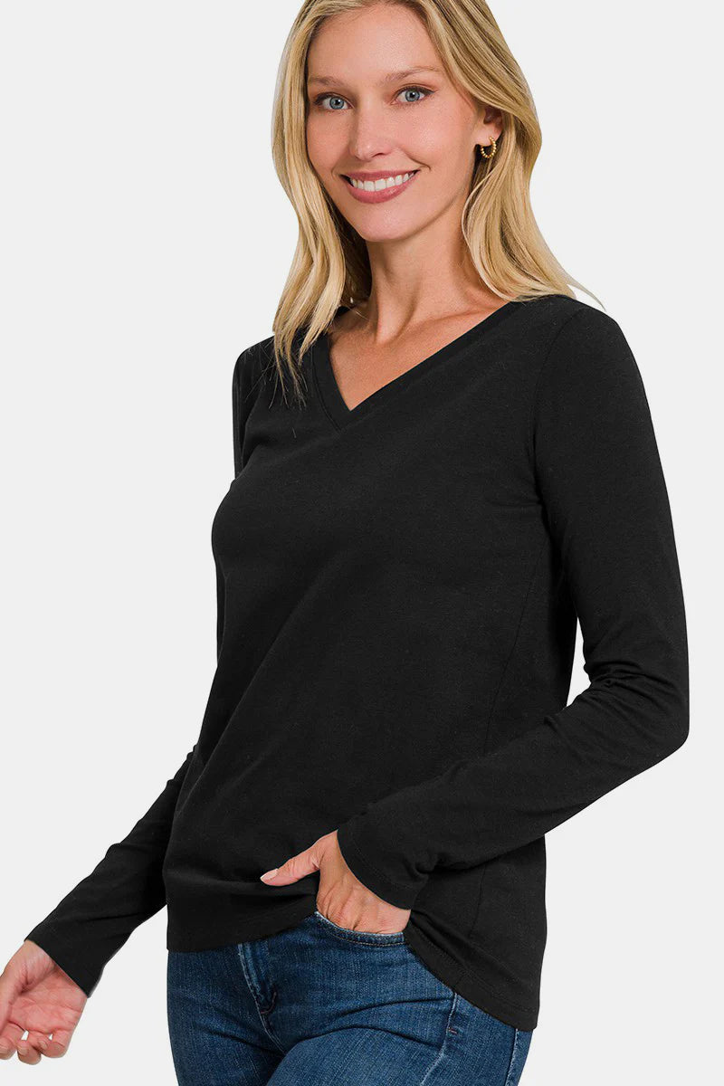 Long Sleeve V-Neck T-Shirt – Zenana - BLACK