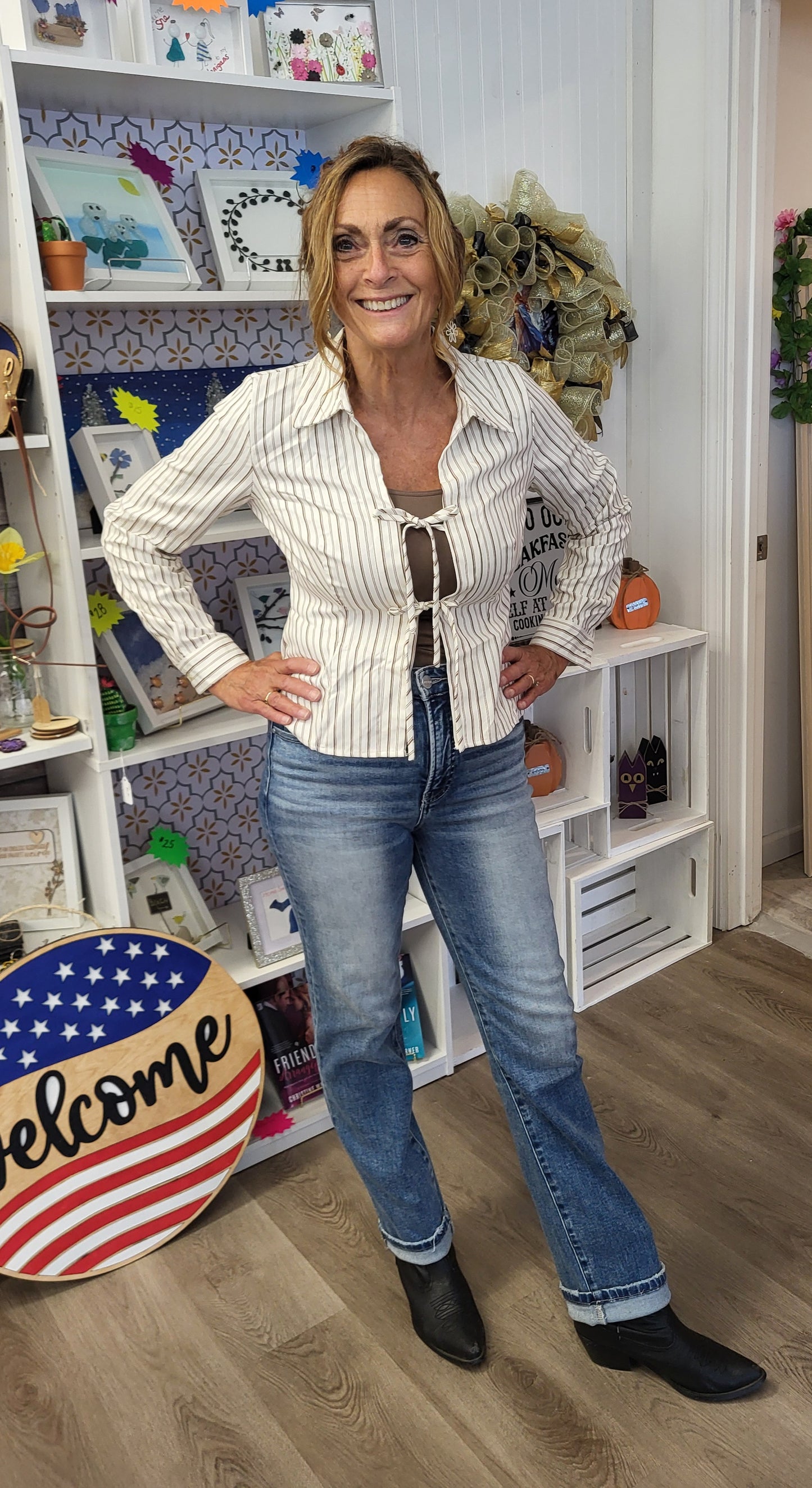 Vintage Stripe Tie Front Blouse