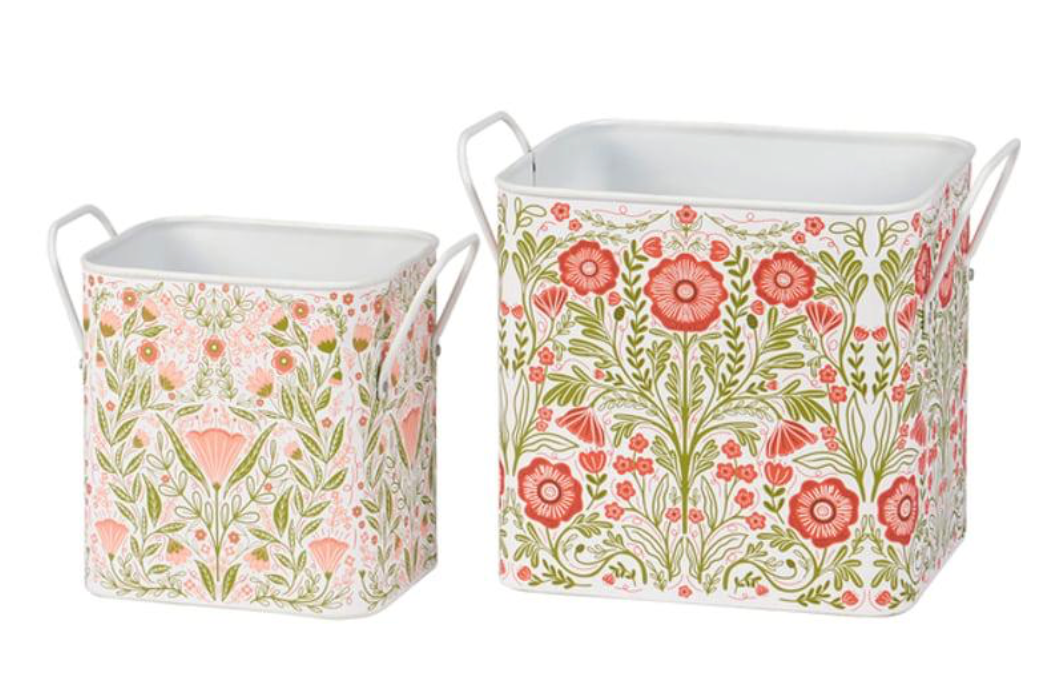 Botanical Folk Art Metal Storage Bin Small 7.25" x 6.25" x 4.75"