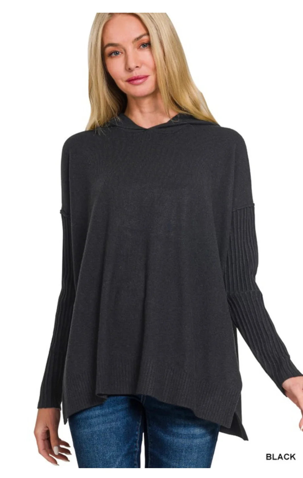 Zenana Viscose Drawstring Hoodie with Ribbed Sleeves – Black - Large/X-Large