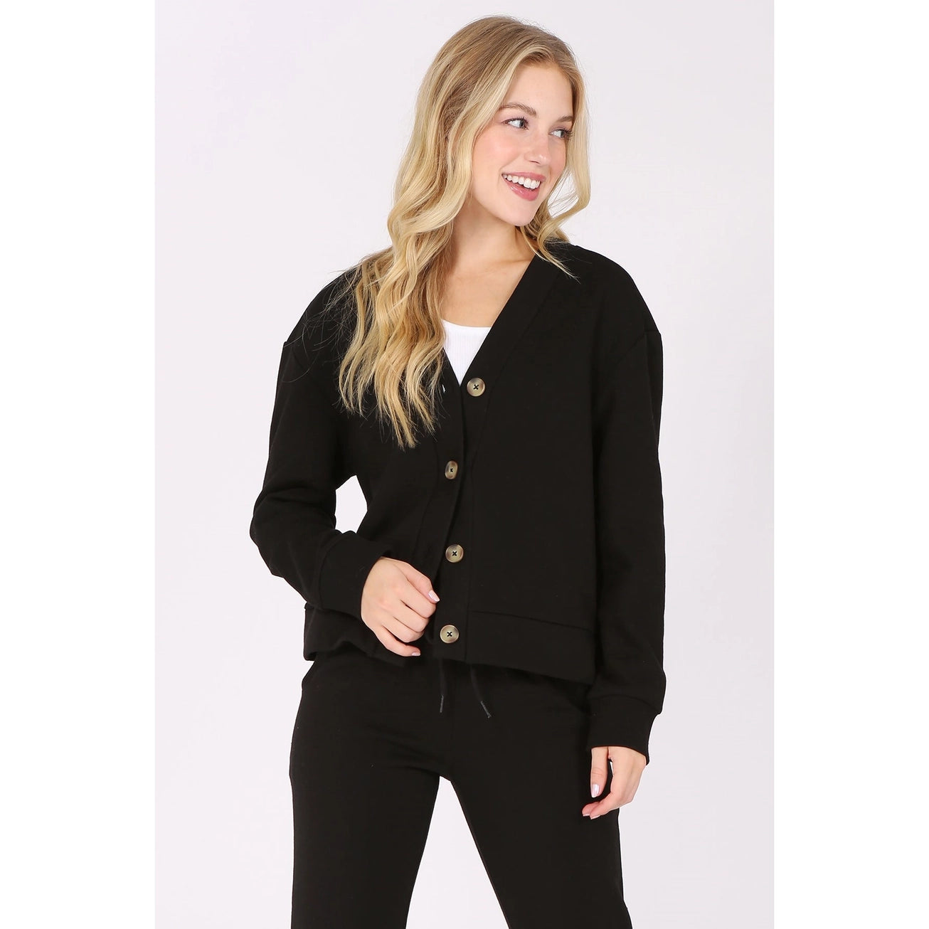 V-Neck Button Front Fleece Cardigan - Black