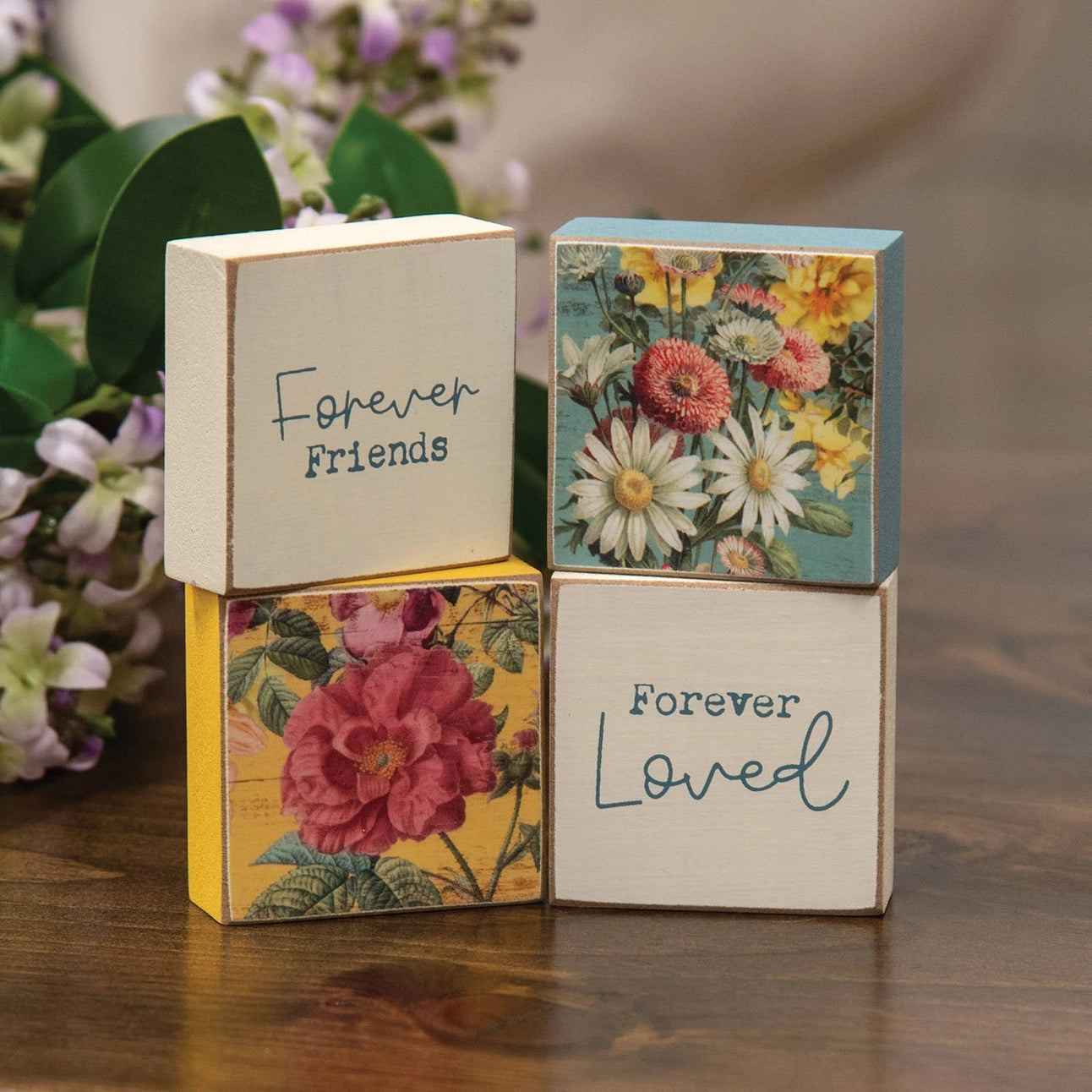 Forever Friends Vintage Floral Wood Block Set (Set of 4)