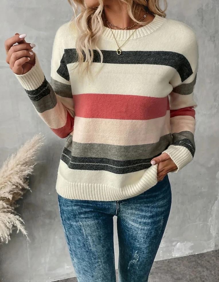 Soft Striped Ribbed Knit Crew Neck Sweater - Large