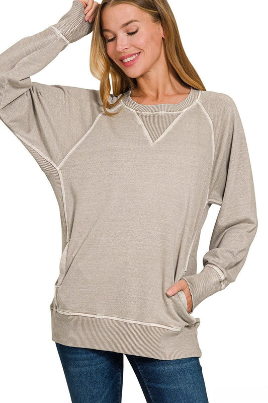 Zenana Pigment Dyed French Terry Pullover with Pockets - Ash Mocha - Large