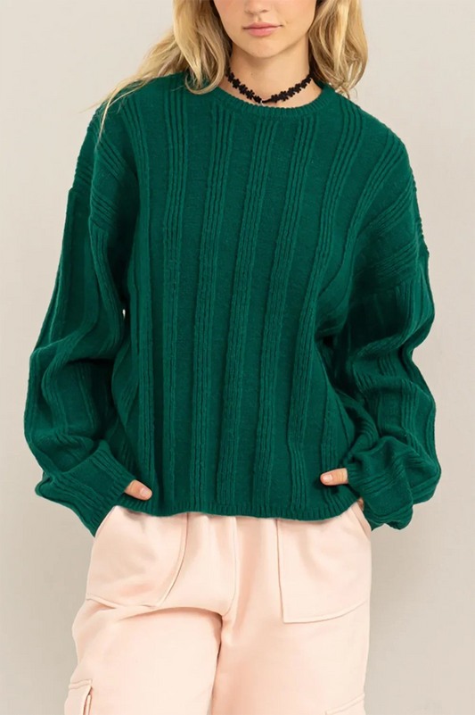 Wide Ribbed Round Neck Soft Long Sleeve Cozy Sweater - Small