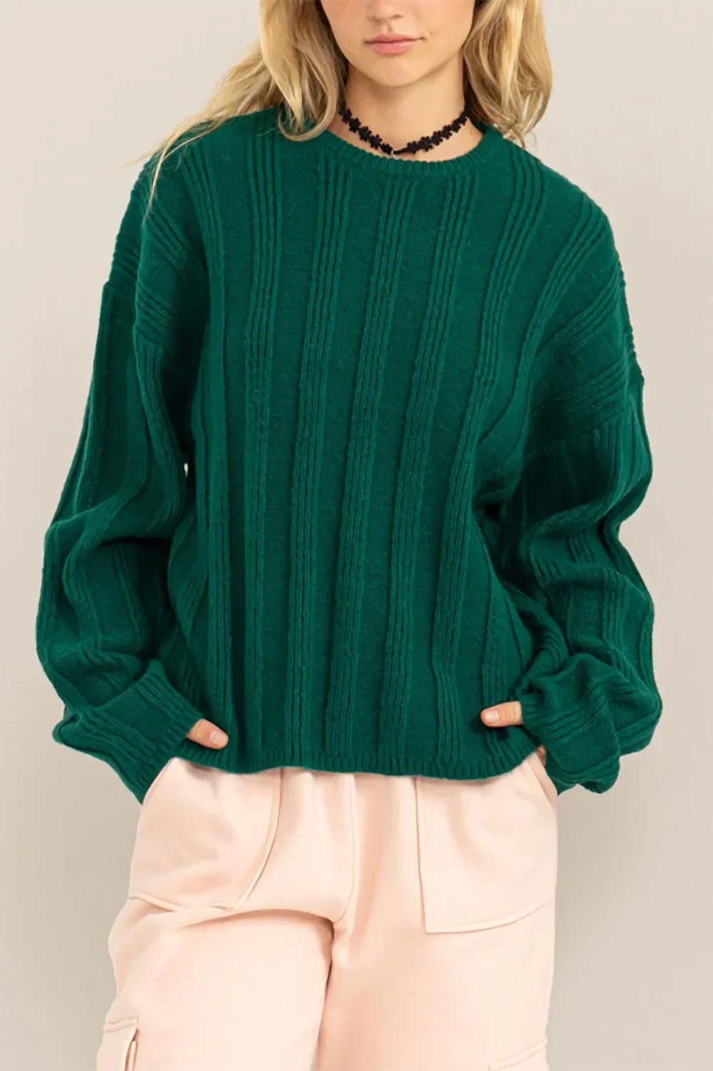Wide Ribbed Round Neck Soft Long Sleeve Cozy Sweater - Large