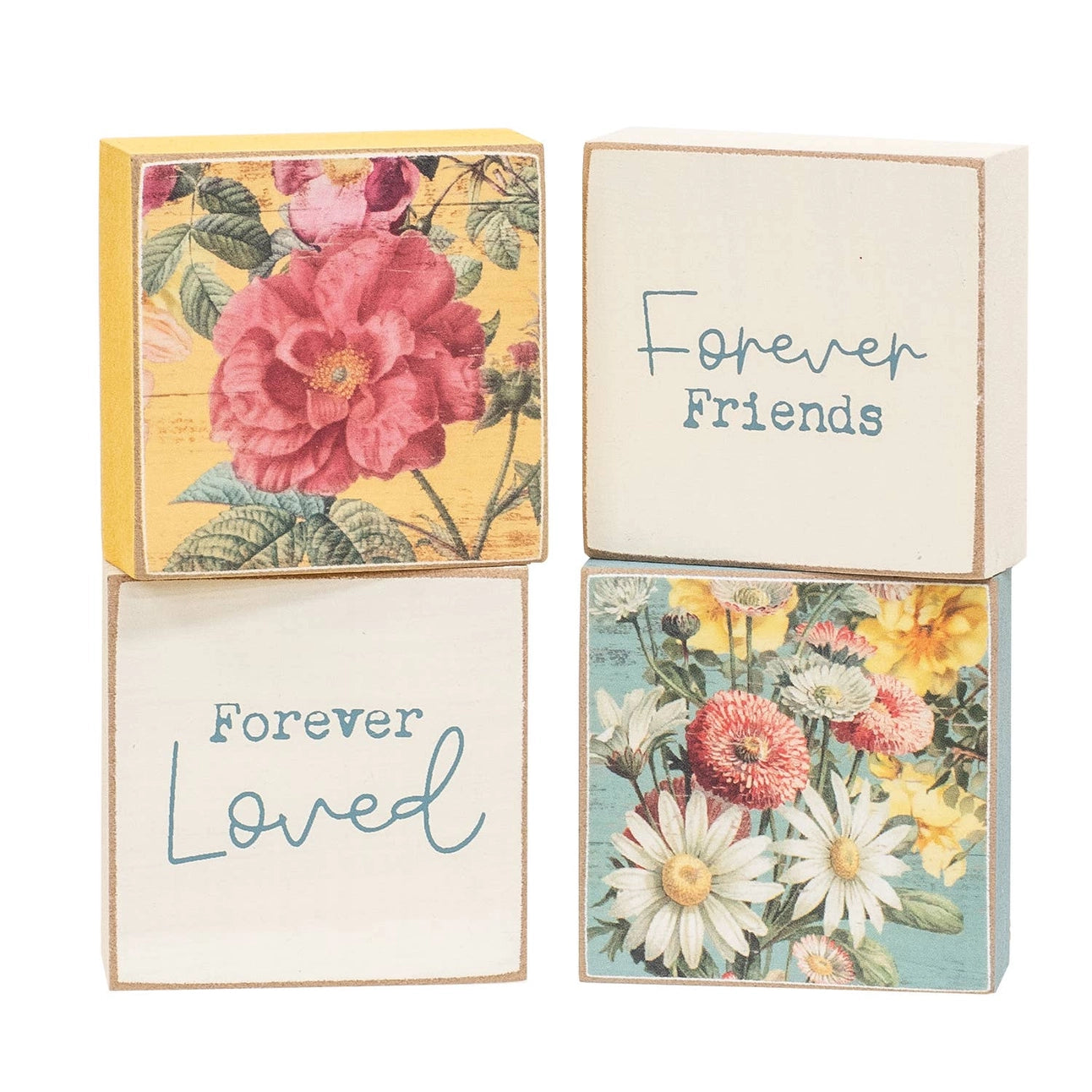 Forever Friends Vintage Floral Wood Block Set (Set of 4)