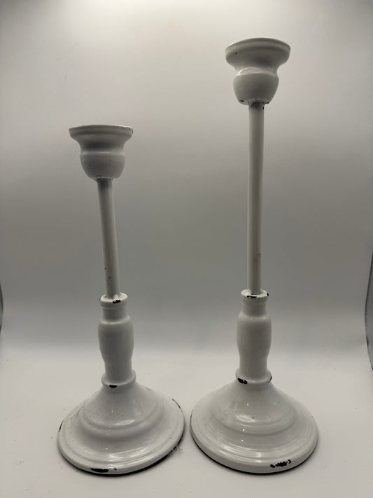 Distressed White Metal Candle Holder (11")