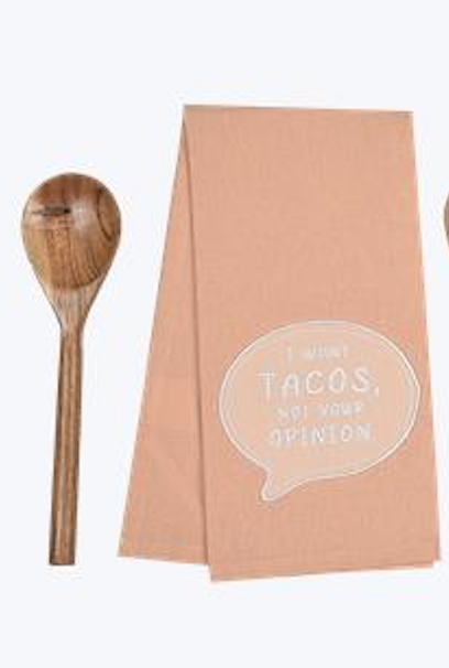 Embroidered Tea Towel with Wood Spoon Set – 3 Assorted