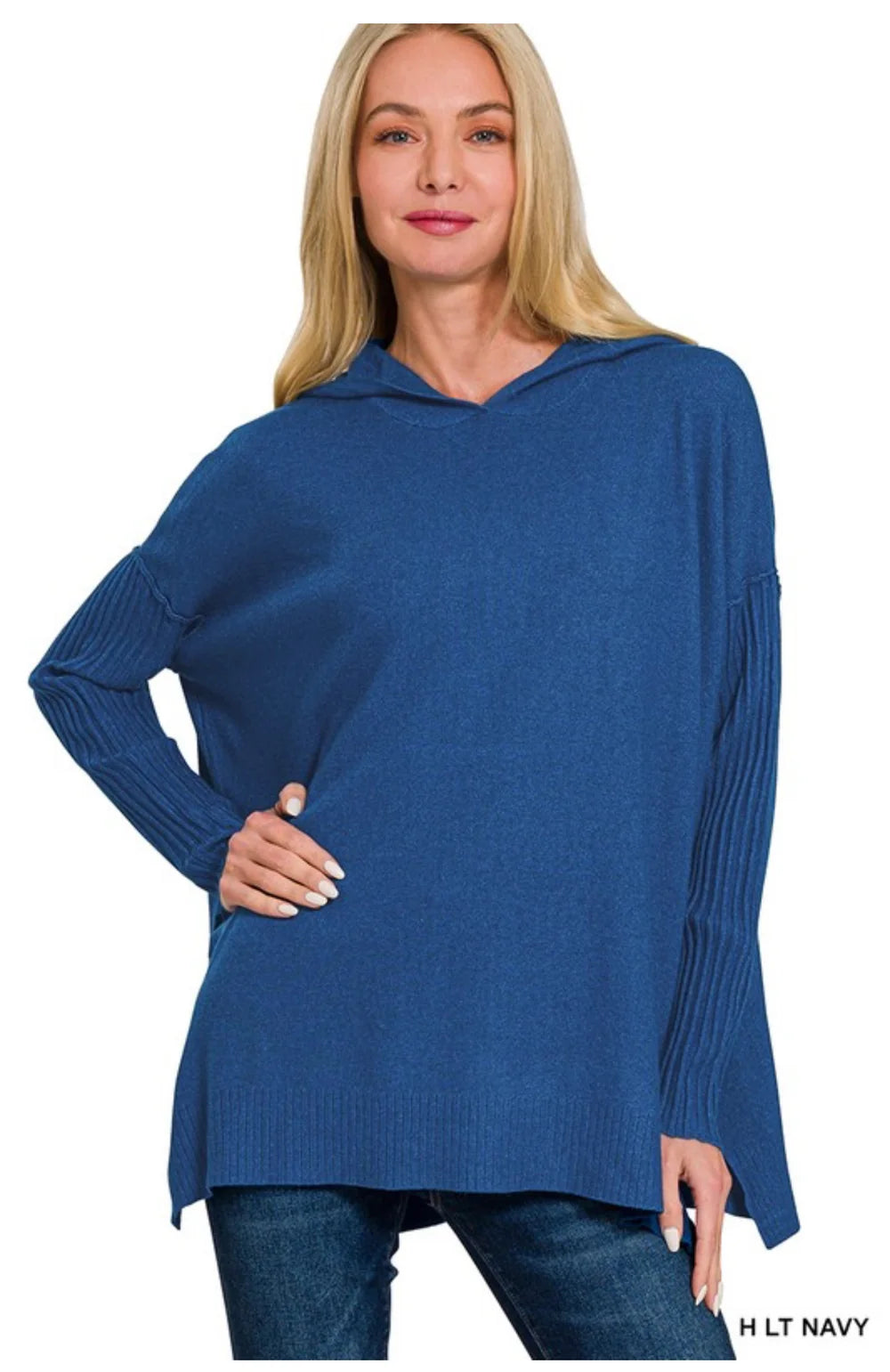 Zenana Viscose Drawstring Hoodie with Ribbed Sleeves – Blue - Large/X-Large
