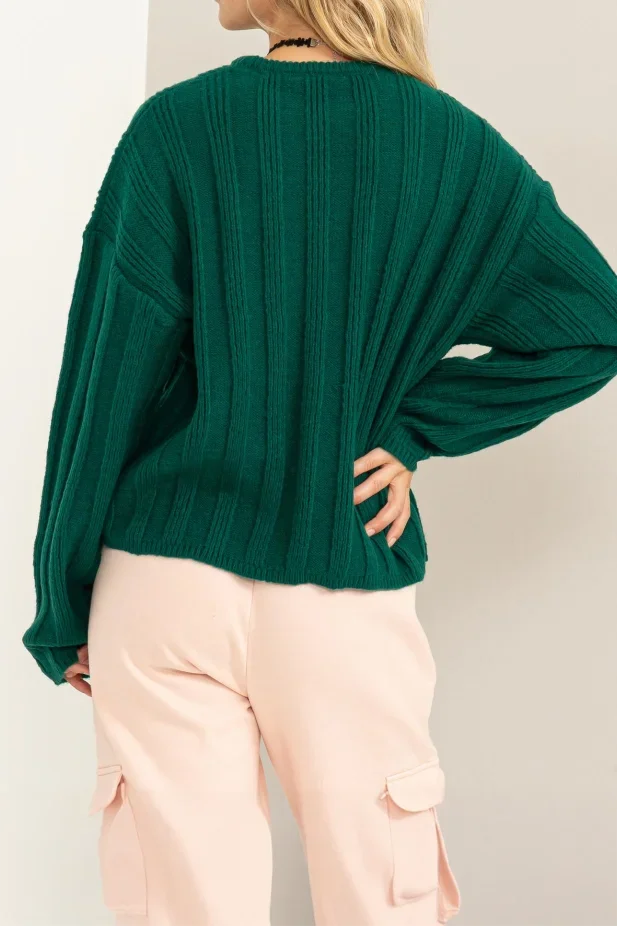 Wide Ribbed Round Neck Soft Long Sleeve Cozy Sweater - Medium