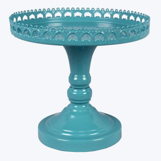 Teal Metal Pedestal Tray with Crochet Trim