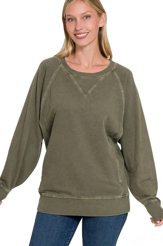 Zenana Pigment Dyed French Terry Pullover with Pockets - Olive - Medium
