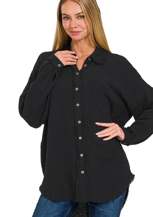 Double Gauze Oversized Raw Edge Button-Up Shirt - Black X-Large