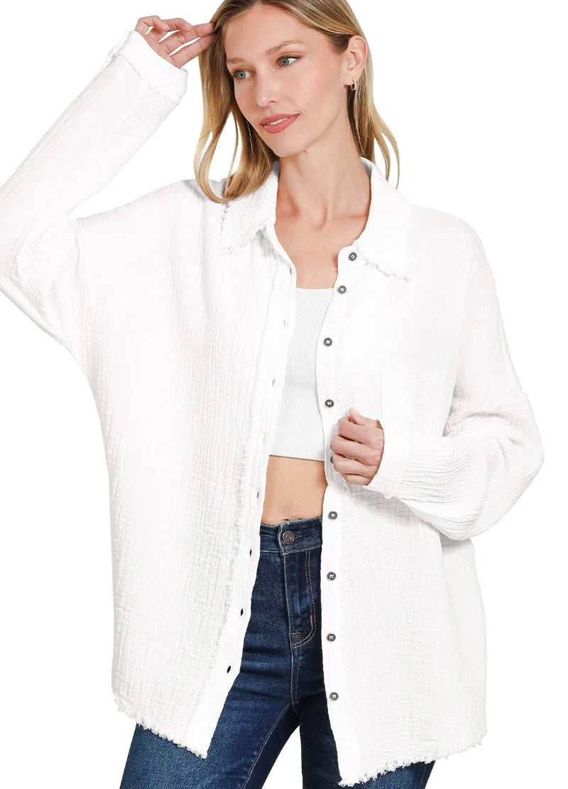Double Gauze Oversized Raw Edge Button-Up Shirt - Small White