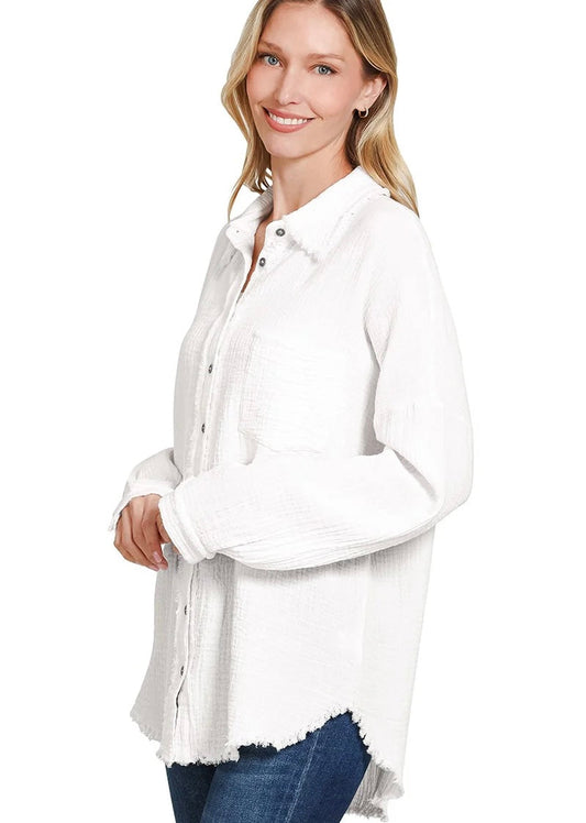 Double Gauze Oversized Raw Edge Button-Up Shirt - Medium White