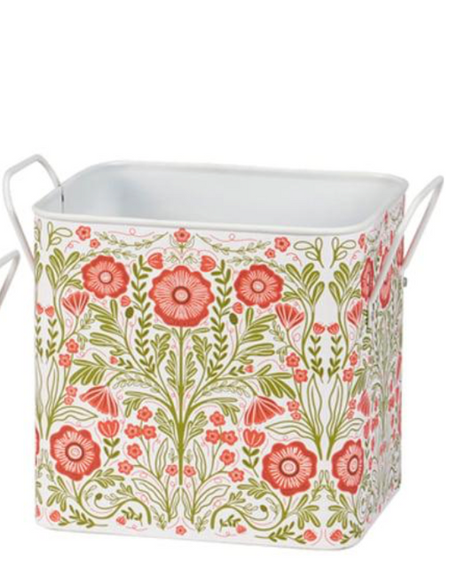 Botanical Folk Art Metal Storage Bin Large 9.50" x 7.50" x 6.50"