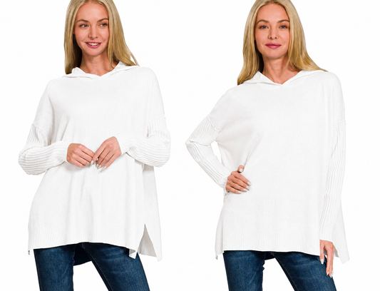 Zenana Viscose Drawstring Hoodie with Ribbed Sleeves – white - Small/Medium